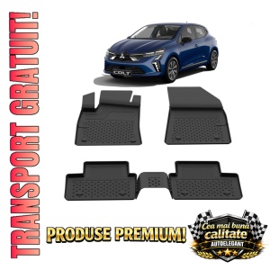 Set covorase Mitsubishi Colt din 2023, covorase presuri tavita auto, cu tunel median intermediar din cauciuc thermoplastic, 4 Stickere auto cu Mitsubishi