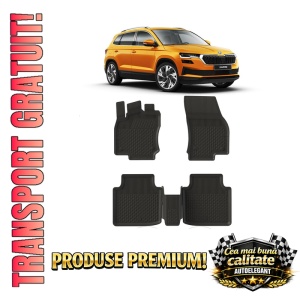 Set covorase Skoda Kodiaq din 2017 - 2024, covorase presuri tavita auto, cu tunel median intermediar din cauciuc thermoplastic, 4 Stickere auto cu Skoda