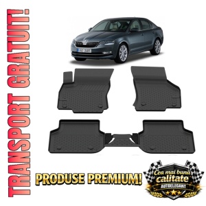Set covorase Skoda Octavia III din 2013-2020, covorase presuri tavita auto, cu tunel median intermediar din cauciuc thermoplastic, 4 Stickere auto cu Skoda
