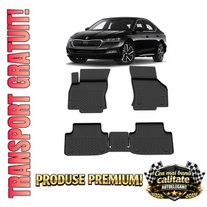 Set covorase Skoda Octavia IV din 2020, covorase presuri tavita auto, cu tunel median intermediar din cauciuc thermoplastic, 4 Stickere auto cu Skoda