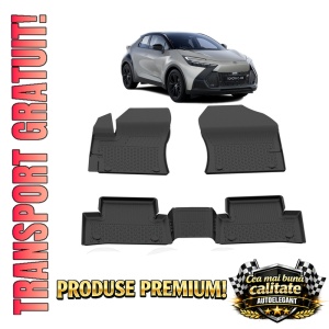 Set covorase Toyota C-HR II din 2023, covorase presuri tavita auto, cu tunel median intermediar din cauciuc thermoplastic, 4 Stickere auto cu Toyota