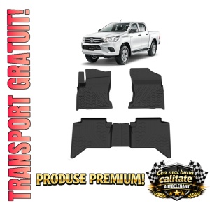 Set covorase Toyota Hilux din 2015 - 2020, covorase presuri tavita auto, cu tunel median intermediar din cauciuc thermoplastic, 4 Stickere auto cu Toyota