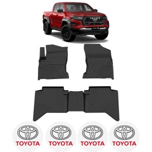 Set covorase Toyota Hilux din 2020 - 2025, covorase presuri tavita auto, cu tunel median intermediar din cauciuc thermoplastic, 4 Stickere auto cu Toyota