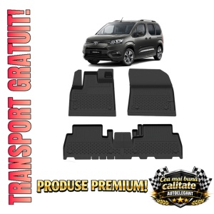 Set covorase Toyota Proace City din 2021, covorase presuri tavita auto, cu tunel median intermediar din cauciuc thermoplastic, 4 Stickere auto cu Toyota