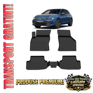 Set covorase Volkswagen Golf VIII din 2020, covorase presuri tavita auto, cu tunel median intermediar din cauciuc thermoplastic, 4 Stickere auto cu Volkswagen