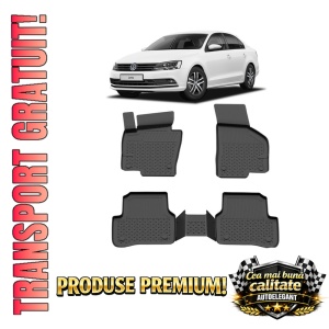 Set covorase Volkswagen Jetta din 2011 - 2018, covorase presuri tavita auto, cu tunel median intermediar din cauciuc thermoplastic, 4 Stickere auto cu Volkswagen