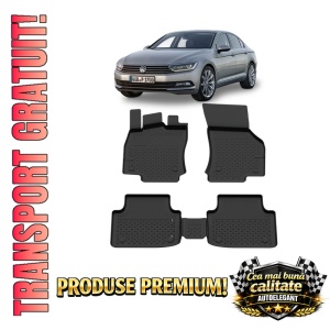 Set covorase Volkswagen Passat B8 din 2014 - 2024, covorase presuri tavita auto, cu tunel median intermediar din cauciuc thermoplastic, 4 Stickere auto cu Volkswagen