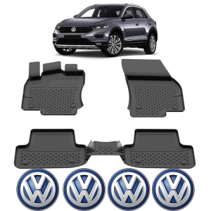 Set covorase Volkswagen T-ROC din 2019, covorase presuri tavita auto, cu tunel median intermediar din cauciuc thermoplastic, 4 Stickere auto cu Volkswagen - Img 2