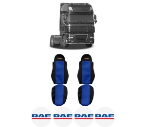 Set Huse Scaune Camion Tir DAF 95 XF din 1997-2002, Auto, Model CLASSIC, Culoare Albastru, 4x Stickere auto cu DAF