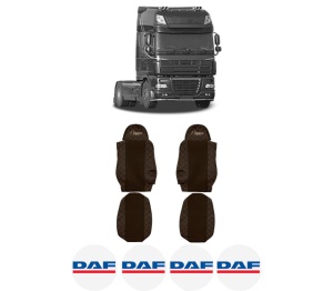 Set Huse Scaune Camion Tir DAF 95 XF din 1997-2002, Auto, Model ELEGANCE Q, Culoare Maro, 4x Stickere auto cu DAF