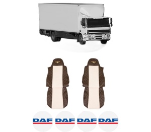 Set Huse Scaune Camion Tir DAF CF 75 din 2001-2013, Auto, Model ELEGANCE Q, Culoare Bej/Maro, 4x Stickere auto cu DAF