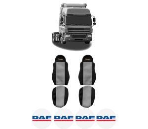 Set Huse Scaune Camion Tir DAF CF 85 din 2001-2020, Auto, Model CLASSIC, Culoare Gri, 4x Stickere auto cu DAF