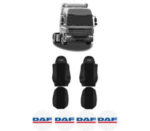 Set Huse Scaune Camion Tir DAF CF 85 din 2001-2020, Auto, Model ELEGANCE Q, Culoare Negru, 4x Stickere auto cu DAF