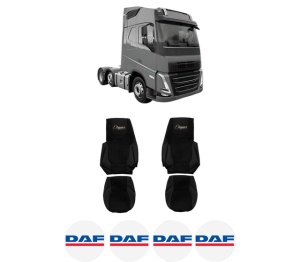 Set Huse Scaune Camion Tir DAF FH III din 2020-2024, Auto, Model ELEGANCE S, Culoare Negru, 4x Stickere auto cu DAF