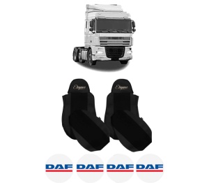 Set Huse Scaune Camion Tir DAF XF 105 din 2005-2013, Auto, Model ELEGANCE S, Culoare Negru, 4x Stickere auto cu DAF