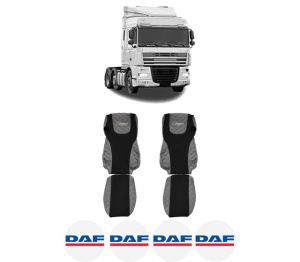 Set Huse Scaune Camion Tir DAF XF 105 din 2005-2013, Auto, Model ELEGANCE Q, Culoare Gri, 4x Stickere auto cu DAF