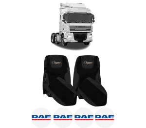 Set Huse Scaune Camion Tir DAF XF 105 din 2005-2013, Auto, Model ELEGANCE S, Culoare Negru, 4x Stickere auto cu DAF
