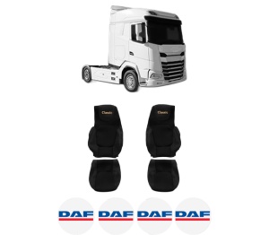 Set Huse Scaune Camion Tir DAF XG+ din 2021, Auto, Model CLASSIC, Culoare Negru, 4x Stickere auto cu DAF