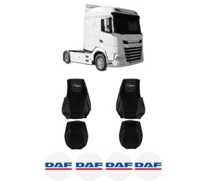 Set Huse Scaune Camion Tir DAF XG+ din 2021, Auto, Model ELEGANCE Q, Culoare Negru, 4x Stickere auto cu DAF