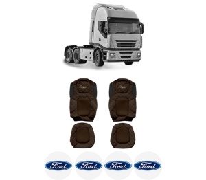 Set Huse Scaune Camion Tir FORD STRALIS II din 2012-2017, Auto, Model ELEGANCE Q, Culoare Maro, 4x Stickere auto cu FORD