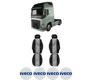Set Huse Scaune Camion Tir Iveco FH II din 2012-2017, Auto, Model CLASSIC, Culoare Gri, 4x Stickere auto cu Iveco