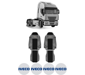 Set Huse Scaune Camion Tir Iveco STRALIS II din 2012-2017, Auto, Model ELEGANCE Q, Culoare Gri, 4x Stickere auto cu Iveco