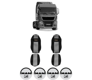 Set Huse Scaune Camion Tir MAN TGX I din 2006-2021, Auto, Model CLASSIC, Culoare Gri, 4x Stickere auto cu MAN