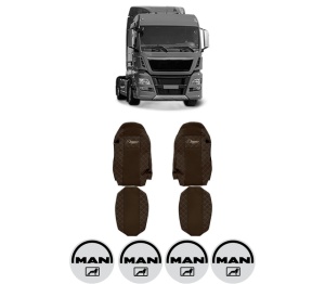 Set Huse Scaune Camion Tir MAN TGX I din 2006-2021, Auto, Model ELEGANCE Q, Culoare Maro, 4x Stickere auto cu MAN