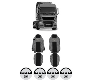Set Huse Scaune Camion Tir MAN TGX I din 2006-2021, Auto, Model ELEGANCE Q, Culoare Gri, 4x Stickere auto cu MAN