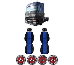 Set Huse Scaune Camion Tir MERCEDES-BENZ ACTROS din 1996-2003, Auto, Model CLASSIC, Culoare Albastru, 4x Stickere auto cu MERCEDES-BENZ