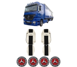 Set Huse Scaune Camion Tir MERCEDES-BENZ ACTROS MP2 / MP3 din 2002-2009, Auto, Model ELEGANCE Q, Culoare Bej, 4x Stickere auto cu MERCEDES-BENZ
