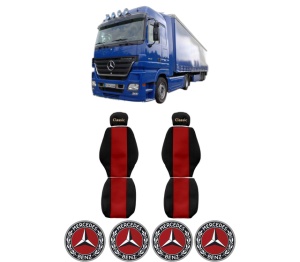 Set Huse Scaune Camion Tir MERCEDES-BENZ ACTROS MP2 / MP3 din 2002-2009, Auto, Model CLASSIC, Culoare Rosu, 4x Stickere auto cu MERCEDES-BENZ