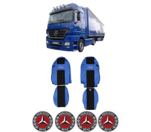 Set Huse Scaune Camion Tir MERCEDES-BENZ ACTROS MP2 / MP3 din 2002-2009, Auto, Model ELEGANCE Q, Culoare Albastru, 4x Stickere auto cu MERCEDES-BENZ