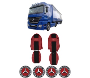 Set Huse Scaune Camion Tir MERCEDES-BENZ ACTROS MP2 / MP3 din 2002-2009, Auto, Model ELEGANCE Q, Culoare Rosu, 4x Stickere auto cu MERCEDES-BENZ