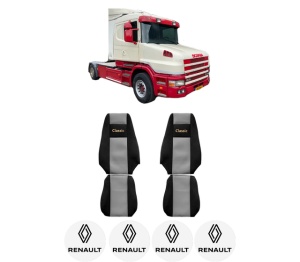 Set Huse Scaune Camion Tir RENAULT TRUCKS T din 2004-2019, Auto, Model CLASSIC, Culoare Gri, 4x Stickere auto cu RENAULT TRUCKS