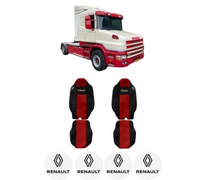 Set Huse Scaune Camion Tir RENAULT TRUCKS T din 2004-2019, Auto, Model CLASSIC, Culoare Rosu, 4x Stickere auto cu RENAULT TRUCKS