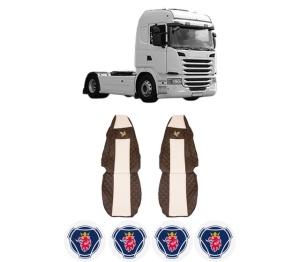 Set Huse Scaune Camion Tir SCANIA G I din 2003-2019, Auto, Model ELEGANCE Q, Culoare Bej, 4x Stickere auto cu SCANIA