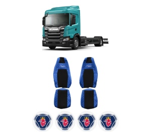 Set Huse Scaune Camion Tir SCANIA G II din 2017-2023, Auto, Model ELEGANCE Q, Culoare Albastru, 4x Stickere auto cu SCANIA