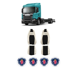 Set Huse Scaune Camion Tir SCANIA G II din 2017-2023, Auto, Model ELEGANCE Q, Culoare Sampanie, 4x Stickere auto cu SCANIA