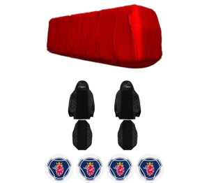 Set Huse Scaune Camion Tir SCANIA L din 2017-2023, Auto, Model ELEGANCE Q, Culoare Negru, 4x Stickere auto cu SCANIA