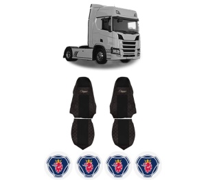 Set Huse Scaune Camion Tir SCANIA R II din 2016-2024, Auto, Model ELEGANCE Q, Culoare Negru/Rosu, 4x Stickere auto cu SCANIA