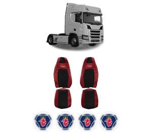 Set Huse Scaune Camion Tir SCANIA R II din 2016-2024, Auto, Model ELEGANCE Q, Culoare Rosu, 4x Stickere auto cu SCANIA