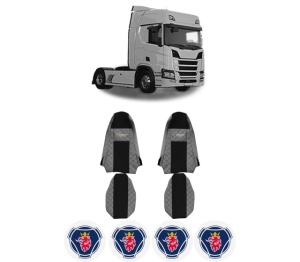 Set Huse Scaune Camion Tir SCANIA R II din 2016-2024, Auto, Model ELEGANCE Q, Culoare Gri, 4x Stickere auto cu SCANIA