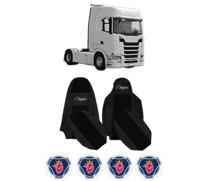 Set Huse Scaune Camion Tir SCANIA S din 2016-2023, Auto, Model ELEGANCE S, Culoare Negru, 4x Stickere auto cu SCANIA