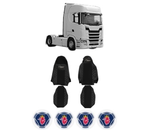 Set Huse Scaune Camion Tir SCANIA S din 2016-2023, Auto, Model ELEGANCE Q, Culoare Negru, 4x Stickere auto cu SCANIA