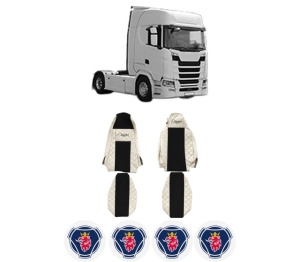 Set Huse Scaune Camion Tir SCANIA S din 2016-2023, Auto, Model ELEGANCE Q, Culoare Bej, 4x Stickere auto cu SCANIA