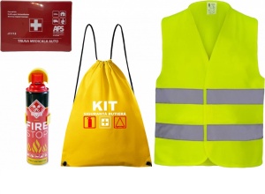 Set Kit siguranta auto cu saculet compact ce contine - Stingator spray 1kg, Trusa Medicala omolgata R.A.R, vesta reflectorizanta compatibil cu orice autoturism - Img 2