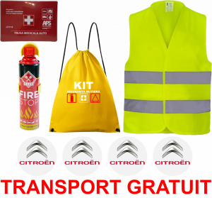 Set Kit siguranta auto cu saculet compact ce contine - Stingator spray 1kg, Trusa Medicala omolgata R.A.R, vesta reflectorizanta, stickere CITROEN , compatibil cu orice autoturism accesorii pentru autoturismul tau - masina v68292