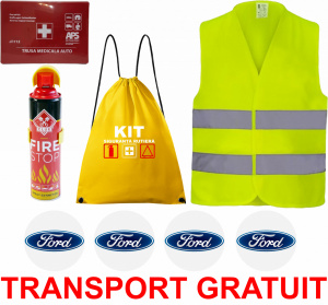 Set Kit siguranta auto cu saculet compact ce contine - Stingator spray 1kg, Trusa Medicala omolgata R.A.R, vesta reflectorizanta, stickere FORD , compatibil cu orice autoturism accesorii pentru autoturismul tau - masina v68272