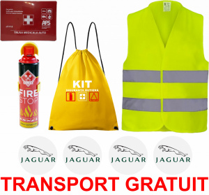Set Kit siguranta auto cu saculet compact ce contine - Stingator spray 1kg, Trusa Medicala omolgata R.A.R, vesta reflectorizanta, stickere JAGUAR , compatibil cu orice autoturism accesorii pentru autoturismul tau - masina v68252